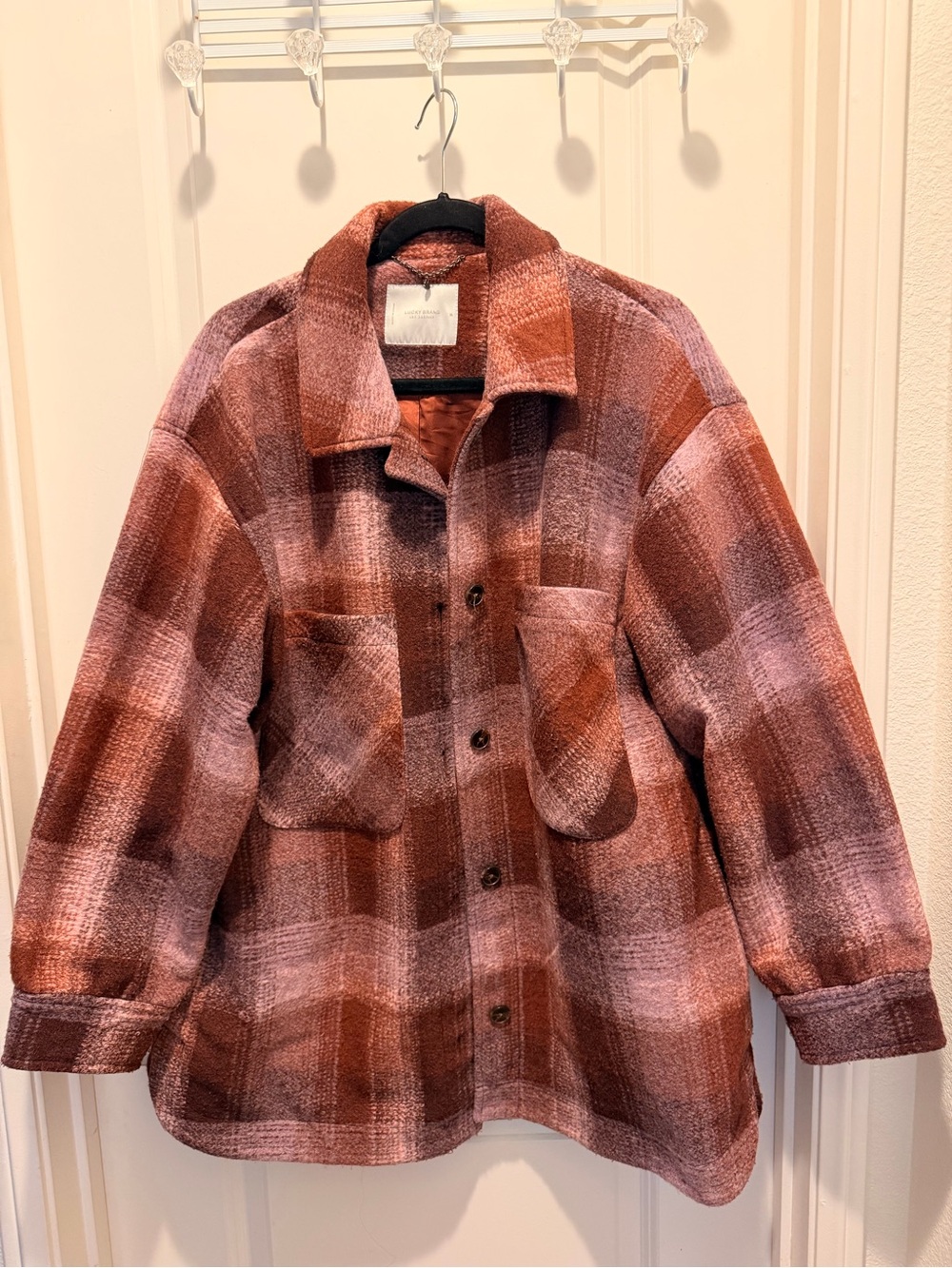 Lucky Brand Oversized Plaid Utility Jacket in Rust and Pink